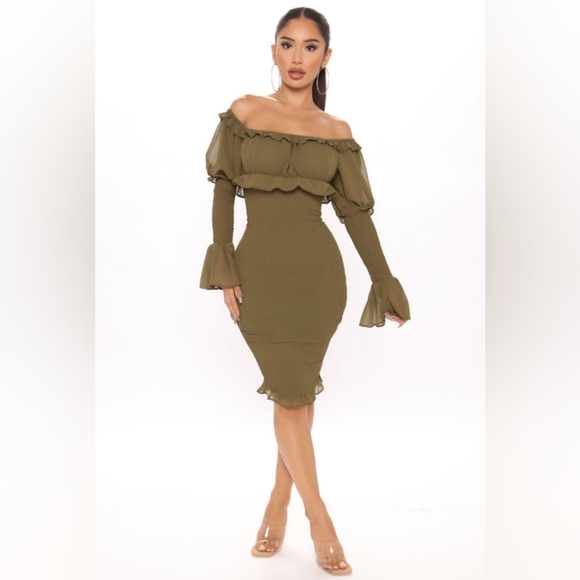 Fashion Nova Dresses & Skirts - Olive Green Off-Shoulder Dress Fashion Nova